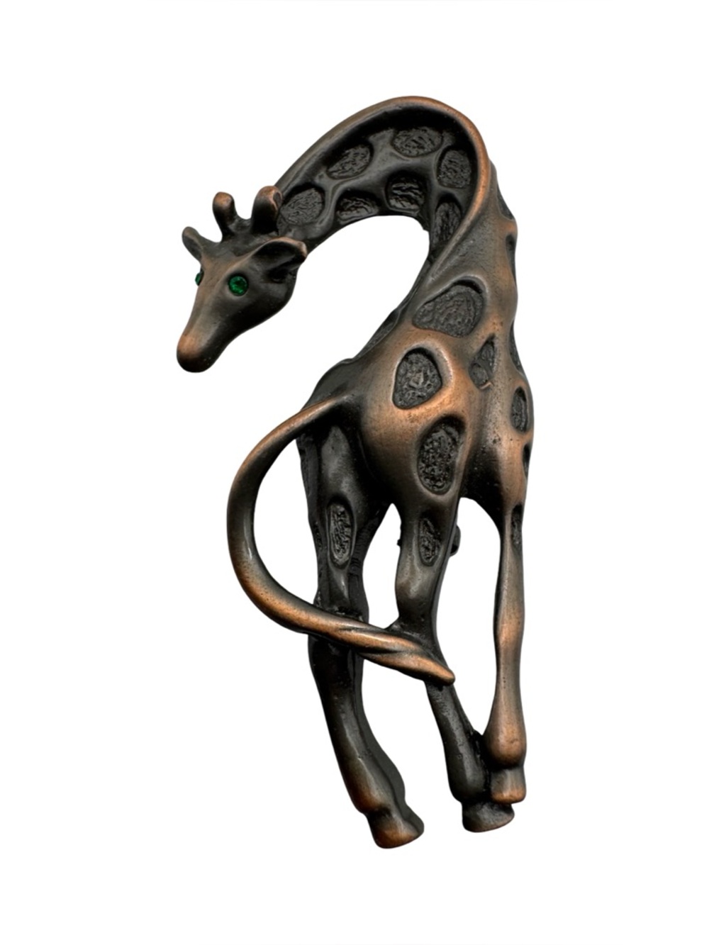Vintage Giraffe‎ Brooch Bronze Tone Green Crystal Eyes Figural Animal Pin 2.25”
